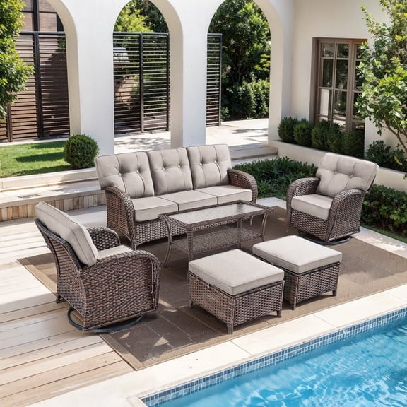 PARKWELL 6 Pieces Patio Furniture Set with Swivel Chairs, 7-Seat Wicker Conversation Set with Rattan Rocking Chair, Ottoman, Coffee Table and 5" Thick Cushion for Porch Deck, Brown/Beige