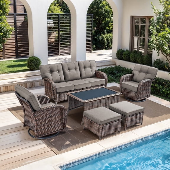 PARKWELL 6 Pieces Patio Furniture Set with Swivel Chairs, Outdoor All-Weather Wicker Conversation Sofa Set with Coffee Table,Ottoman and 5" Thick Cushion for Porch Deck, Brown/Gray