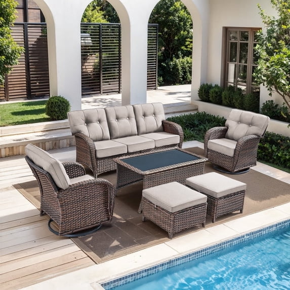 PARKWELL 6 Pieces Patio Furniture Set with Swivel Chairs, Outdoor All-Weather Wicker Conversation Sofa Set with Coffee Table,Ottoman and 5" Thick Cushion for Porch Deck, Brown/Beige