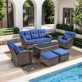 thumbnail image 1 of PARKWELL 6 Pieces Patio Furniture Set with Swivel Chairs, Outdoor All-Weather Wicker Conversation Sofa Set with Coffee Table,Ottoman and 5" Thick Cushion for Porch Deck, Brown/Navy, 1 of 11