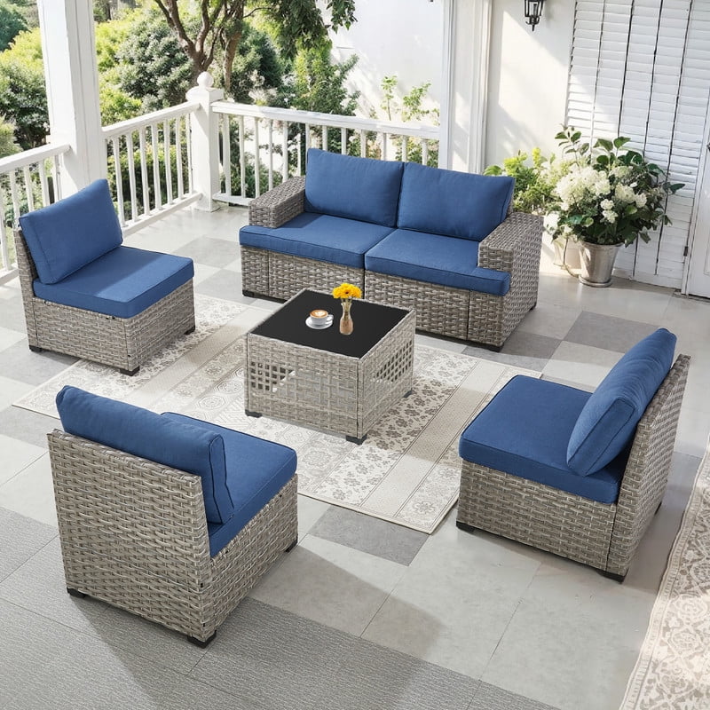 PARKWELL 6 Pieces Patio Furniture Sets,Outdoor Modular Furniture Sectional Sofa Set with Coffee Table,All-Weather Rattan Wicker Conversation Set for Backyard Deck,Taupe/Navy