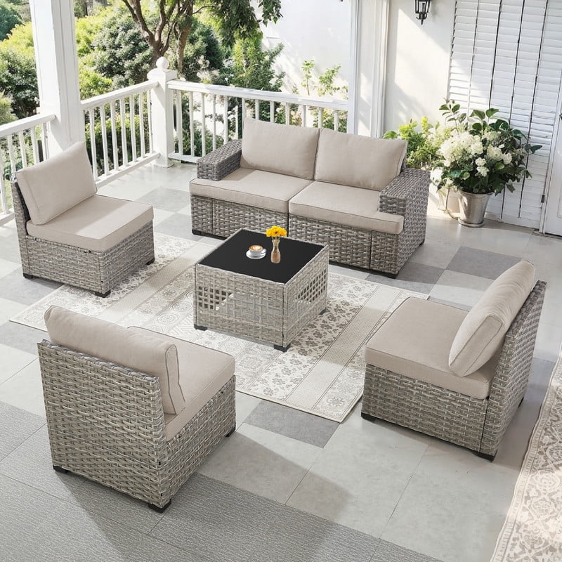PARKWELL 6 Pieces Patio Furniture Sets,Outdoor Modular Furniture Sectional Sofa Set with Coffee Table,All-Weather Rattan Wicker Conversation Set for Backyard Deck,Taupe/Beige