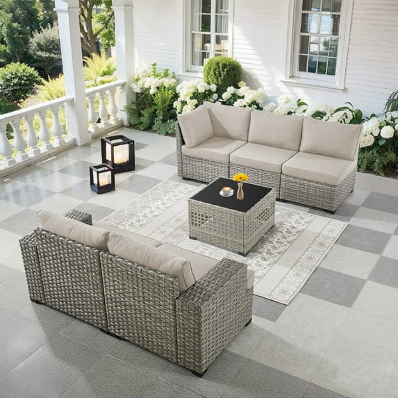PARKWELL 6-Pieces Patio Furniture Sets,Outdoor Modular Sectional Sofa Set with Coffee Table,All-Weather Rattan Wicker Conversation Set for Backyard Deck,Taupe/Beige
