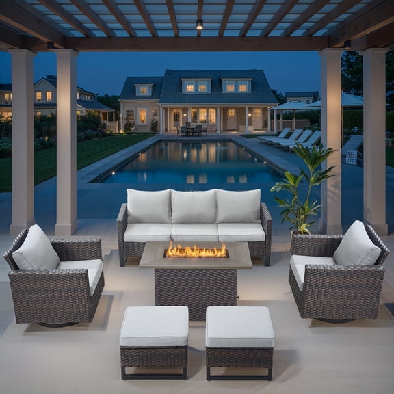 PARKWELL 6 Pieces Wicker Patio Furniture Set 7-Seat Outdoor Conversation Set with 41" Fire Pit Table,Brown Wicker and Beige Cushions