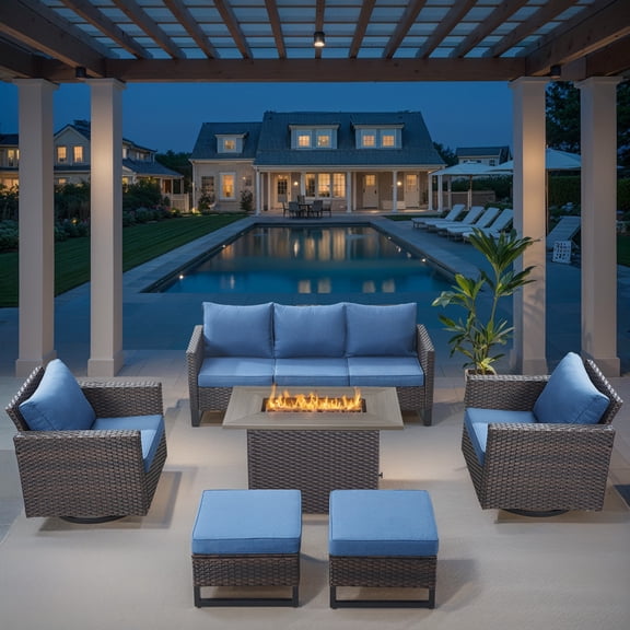 PARKWELL 6 Pieces Wicker Patio Furniture Set 7-Seat Outdoor Conversation Set with 41" Fire Pit Table,Brown Wicker and Navy Cushions