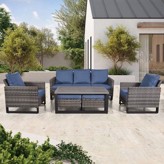 PARKWELL 6Pcs Patio Rattan Wicker Outdoor Conversation Sets 5 - Person Seating Group Patio Furniture Set, including Sofa, Chairs, Coffee Table and Ottomans with Blue Cushion