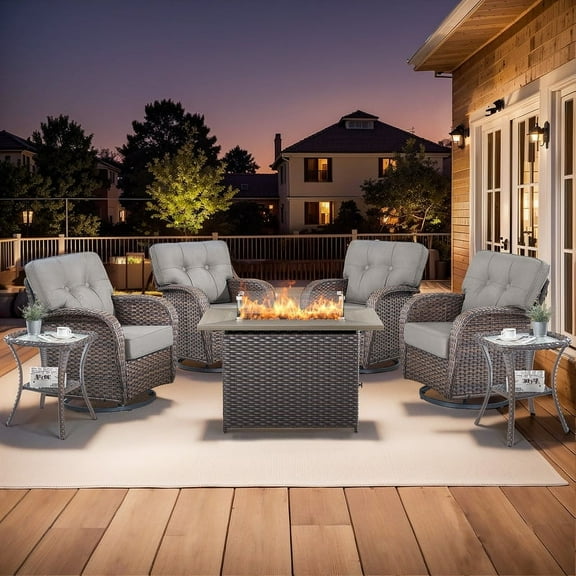 PARKWELL 7 Piece Outdoor Conversation Set with High-Back Swivel Glider Chairs Set of 4 and 41-Inch 2-in-1 Propane Fire Pit Table, 50,000 BTU Patio Furniture for Garden, Deck, Backyard, Brown/Gray