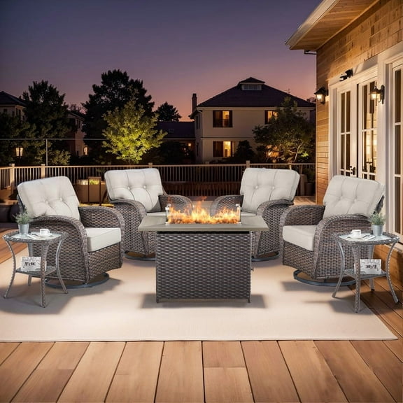PARKWELL 7 Piece Outdoor Conversation Set with High-Back Swivel Glider Chairs Set of 4 and 41-Inch 2-in-1 Propane Fire Pit Table, 50,000 BTU Patio Furniture for Garden, Deck, Backyard, Brown/Beige
