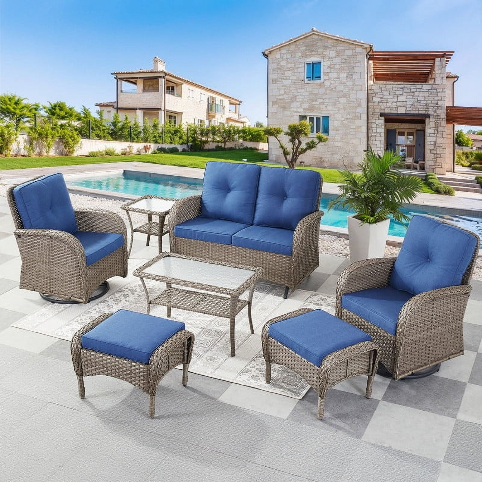 PARKWELL 7-Piece Outdoor Patio Conversation Set,Wicker 6-Seat High Back Furniture with Glider Loveseat, Swivel Gliders, Ottomans and Coffee Table,Gray Wicker Navy Cushions