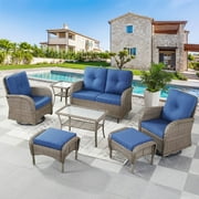 PARKWELL 7-Piece Outdoor Patio Conversation Set,Wicker 6-Seat High Back Furniture with Glider Loveseat, Swivel Gliders, Ottomans and Coffee Table,Gray Wicker Navy Cushions