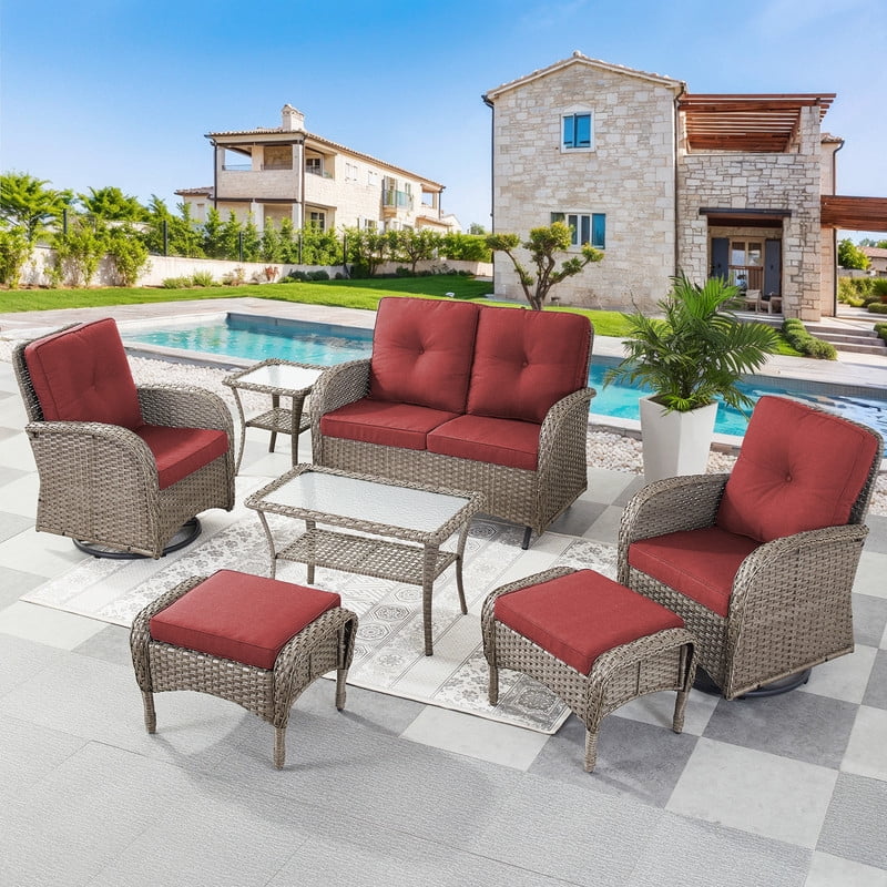 PARKWELL 7-Piece Outdoor Patio Conversation Set,Wicker 6-Seat High Back Furniture with Glider Loveseat, Swivel Gliders, Ottomans and Coffee Table,Gray Wicker Red Cushions