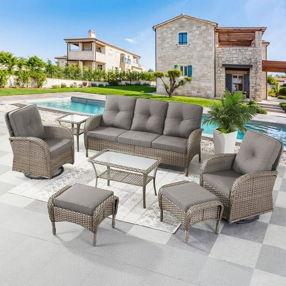 PARKWELL 7-Piece Outdoor Patio Conversation Set,Wicker 7-Seat High Back Furniture with Sofa, Swivel Gliders,Coffee Table and Ottomans,Gray Wicker Gray Cushions