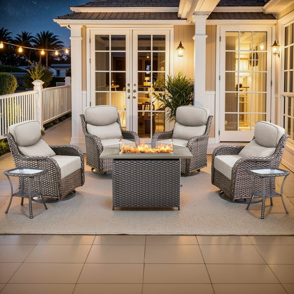 PARKWELL 7-Piece Outdoor Patio Furniture High Back Conversation Set with Swivel Glider Chairs and Fire Pit Table,50,000 BTU,Luxury 6" Thick Cushions,Wicker Patio Set for Deck, Backyard,Brown/Beige