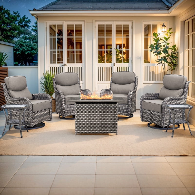 PARKWELL 7-Piece Outdoor Patio Furniture High Back Conversation Set with Swivel Glider Chairs and Fire Pit Table,50,000 BTU,Luxury 6" Thick Cushions,Wicker Patio Set for Deck, Backyard,Gray/Gray