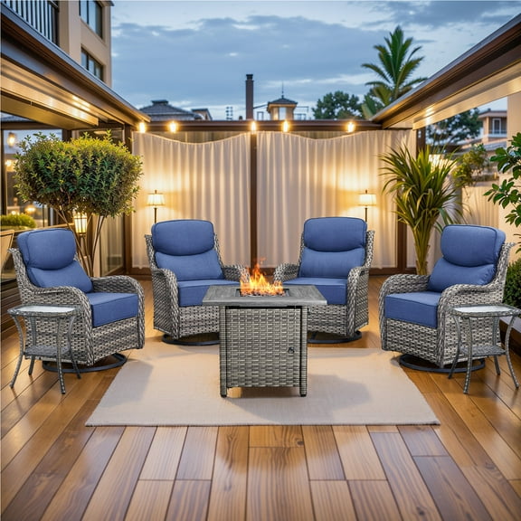 PARKWELL 7-Piece Outdoor Patio Furniture High Back Conversation Set with Swivel Glider Chairs and Fire Pit Table,50,000 BTU,Luxury 6" Thick Cushions,Wicker Patio Set for Deck, Backyard,Gray/Navy