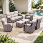 PARKWELL 7 Piece Outdoor Patio Furniture Set,All-Weather High Back Conversation Set with Luxury 6-Inch Thick Cushions,Swivel Glider Chair,9-Seat Furniture Sets for Garden, Deck, Backyard,Brown/Beige