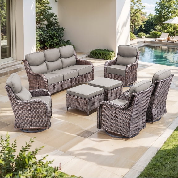 PARKWELL 7 Piece Outdoor Patio Furniture Set,All-Weather High Back Conversation Set with Luxury 6-Inch Thick Cushions,Swivel Glider Chair,9-Seat Furniture Sets for Garden, Deck, Backyard,Brown/Gray