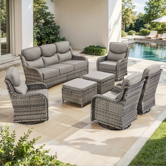 PARKWELL 7 Piece Outdoor Patio Furniture Set,All-Weather High Back Conversation Set with Luxury 6-Inch Thick Cushions,Swivel Glider Chair,9-Seat Furniture Sets for Garden, Deck, Backyard,Gray/Gray