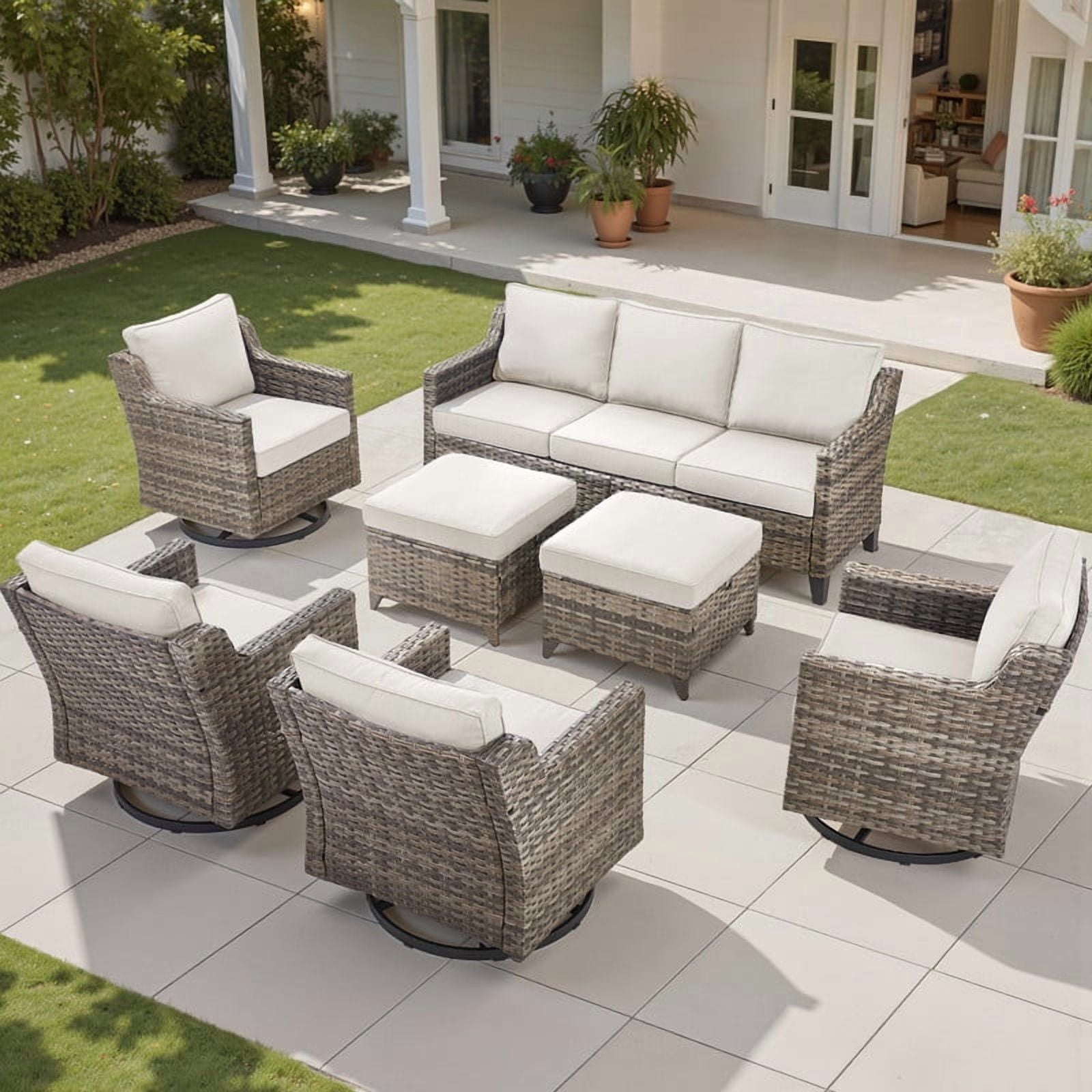 PARKWELL 7 Piece Outdoor Patio Furniture Set,All-Weather Rattan Conversation Set with Deep Seat Couch,Swivel Glider Chair and Foot Rest,9-Seat Furniture Sets for Deck, Backyard,Gray/Beige