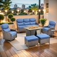 thumbnail image 1 of PARKWELL 7-Piece Outdoor Patio Furniture Set with Fire Pit,High Back Conversation with Swivel Glider Chairs,Footrests,50,000 BTU,Luxury 6" Thick Cushions,Wicker Patio Set for Deck, Backyard,Brown/Navy, 1 of 13