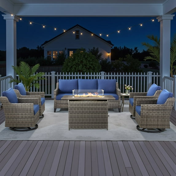 PARKWELL 7 Piece Outdoor Patio Furniture Set with Fire Pit Table,All-Weather Conversation Set with 4-Inch Thick Cushions,4 Swivel Glider Chair,7-Seat Furniture Sets for Deck, Backyard,Gray/Navy