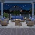 thumbnail image 1 of PARKWELL 7 Piece Outdoor Patio Furniture Set with Fire Pit Table,All-Weather Conversation Set with 4-Inch Thick Cushions,4 Swivel Glider Chair,7-Seat Furniture Sets for Deck, Backyard,Gray/Navy, 1 of 13