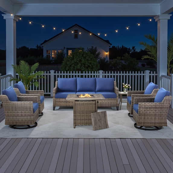 PARKWELL 7 Piece Outdoor Patio Furniture Set with Fire Pit Table,All-Weather Conversation Set with 4-Inch Thick Cushions,4 Swivel Glider Chair,7-Seat Furniture Sets for Deck, Backyard,Gray/Navy