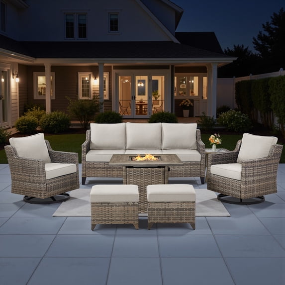 PARKWELL 7 Piece Outdoor Patio Furniture Set with Fire Pit Table,All-Weather Conversation Set with 4-Inch Thick Cushions,Swivel Glider Chair,7-Seat Furniture Sets for Deck, Backyard,Gray/Beige