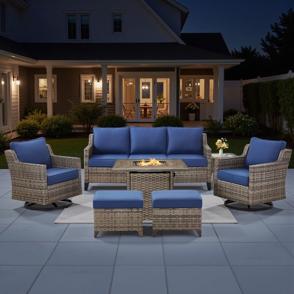 PARKWELL 7 Piece Outdoor Patio Furniture Set with Fire Pit Table,All-Weather Conversation Set with 4-Inch Thick Cushions,Swivel Glider Chair,7-Seat Furniture Sets for Deck, Backyard,Gray/Navy