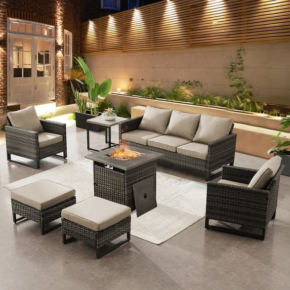 PARKWELL 7 Piece Outdoor Patio Furniture Set with Fire Pit Table,Rattan Sofa Single Chairs Conversation Seating Group with Cushions Beige