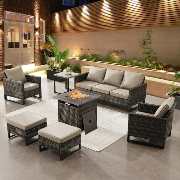PARKWELL 7 Piece Outdoor Patio Furniture Set with Fire Pit Table,Rattan Sofa Single Chairs Conversation Seating Group with Cushions Beige