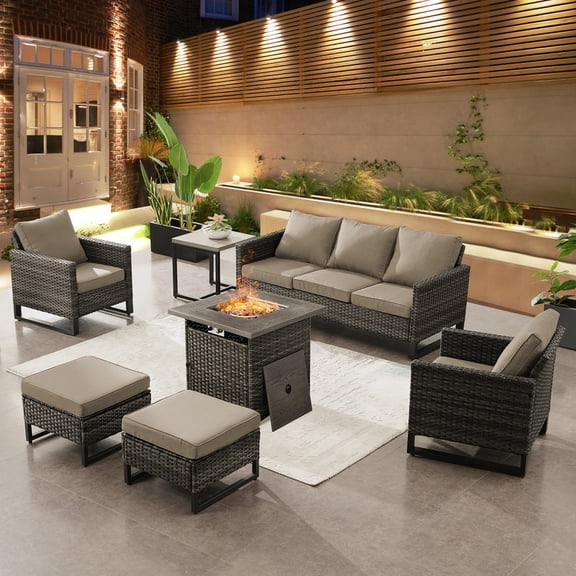 PARKWELL 7 Piece Outdoor Patio Furniture Set with Fire Pit Table,Rattan Sofa Single Chairs Conversation Seating Group with Cushions Gray