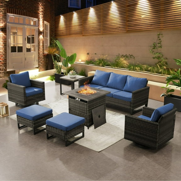 PARKWELL 7 Piece Outdoor Patio Furniture Set with Fire Pit Table,Rattan Sofa Swivel Glider Conversation Seating Group with Cushions Navy