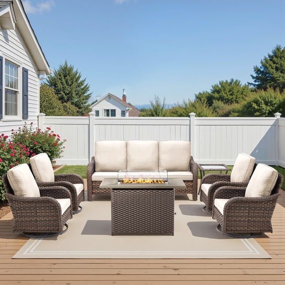 PARKWELL 7-Piece Outdoor Wicker Patio Furniture Set with Propane Fire Pit Table, Sofa, 360 Swivel Glider Chairs, All Weather Rattan Conversation Seating for Deck Garden Backyard, Beige