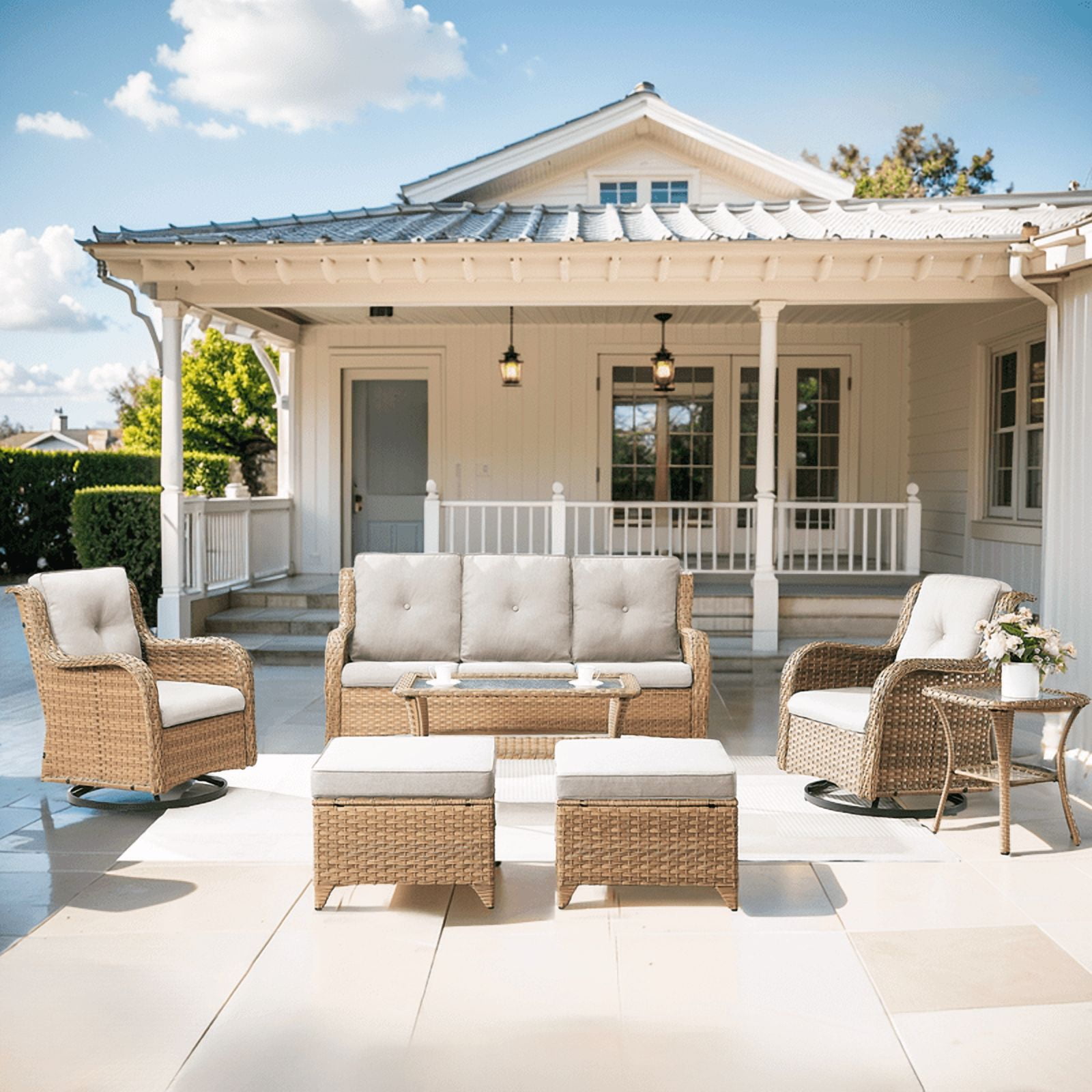 PARKWELL 7-Piece Wicker Outdoor Patio Dining Set with Side Table and Ottoman, Beige