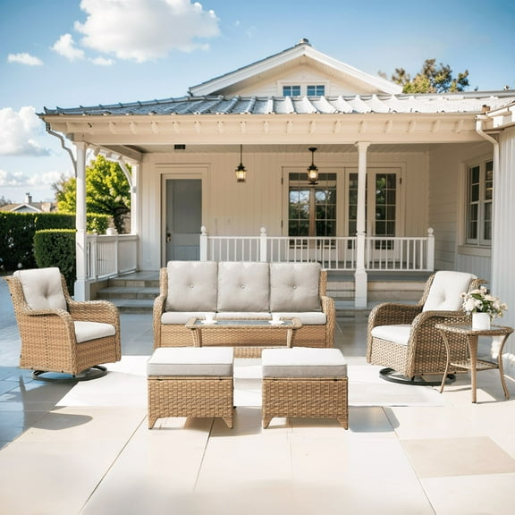 PARKWELL 7-Piece Wicker Outdoor Patio Dining Set with Side Table and Ottoman, Beige