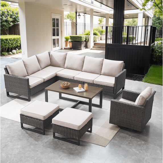 PARKWELL 7 Pieces Outdoor Furniture Seating Group,Wicker Cushioned Sectional Conversation Sofa Set Swivel Glider Ottoman,Beige