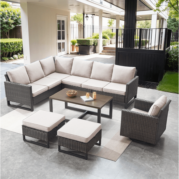 PARKWELL 7 Pieces Outdoor Furniture Seating Group,Wicker Cushioned Sectional Conversation Sofa Set Swivel Glider Ottoman,Beige