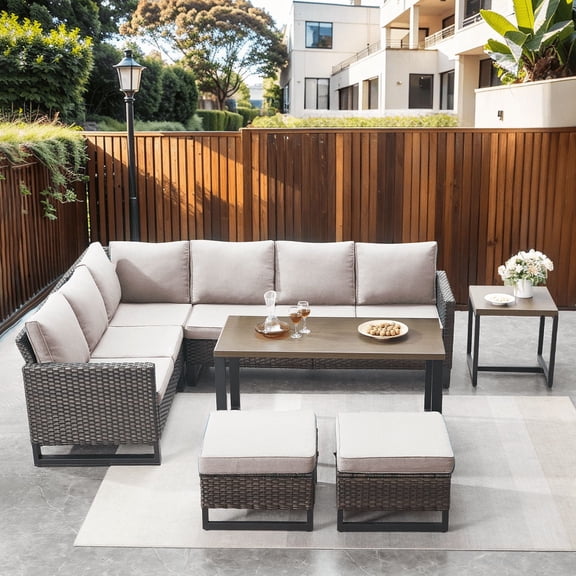 PARKWELL 7 Pieces Outdoor Patio Dining Set,Wicker Sectional Sofa Furniture Set with Rectangle Table and Cushioned Seat Ottoman for 7-Person,Beige