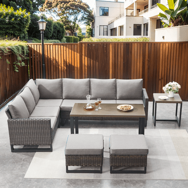 PARKWELL 7 Pieces Outdoor Patio Dining Set,Wicker Sectional Sofa Furniture Set with Rectangle Table and Cushioned Seat Ottoman for 7-Person,Gray