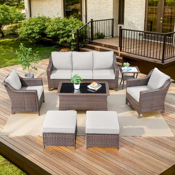 PARKWELL 7 Pieces Outdoor Patio Furniture Set 7-Seat High Back Wicker Conversation Set with Patio Chairs for Balcony Yard,Brown Wicker Beige Cushion