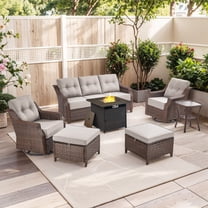 PARKWELL 7 Pieces Outdoor Patio Furniture Set with Fire Pit Table,Luxury 6" Thick Conversation Set with Swivel Glider Chairs,All-Weather Seating Furniture Set for Backyard Deck, Brown/Beige