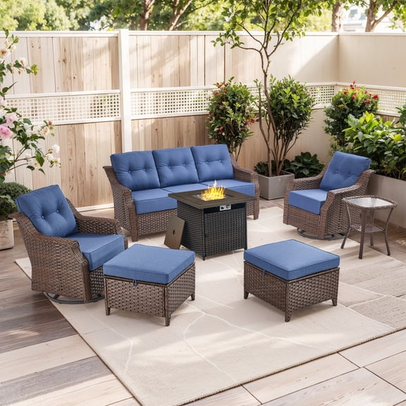 PARKWELL 7 Pieces Outdoor Patio Furniture Set with Fire Pit Table,Luxury 6" Thick Conversation Set with Swivel Glider Chairs,All-Weather Seating Furniture Set for Backyard Deck, Brown/Navy