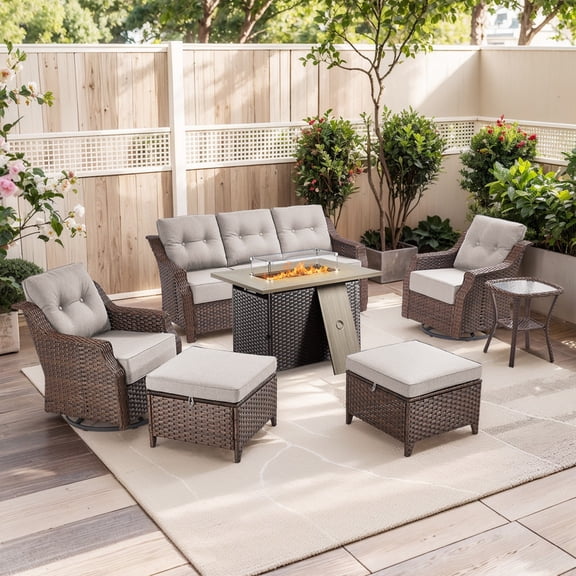 PARKWELL 7 Pieces Outdoor Patio Furniture Set with Fire Pit Table,Luxury 6" Thick Conversation Set with Swivel Glider Chairs,All-Weather Seating Furniture Set for Backyard Deck, Brown/Beige