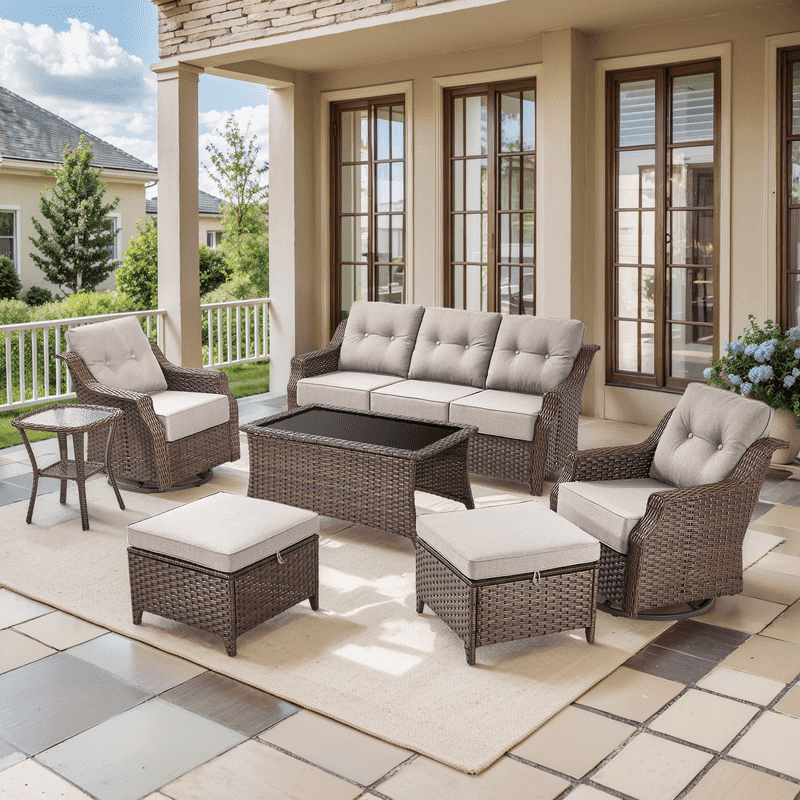 PARKWELL 7 Pieces Outdoor Patio Furniture Set,Luxury 6" Thick Conversation Set with Swivel Glider Chairs,All-Weather Seating Furniture Set for Backyard Deck, Brown/Beige