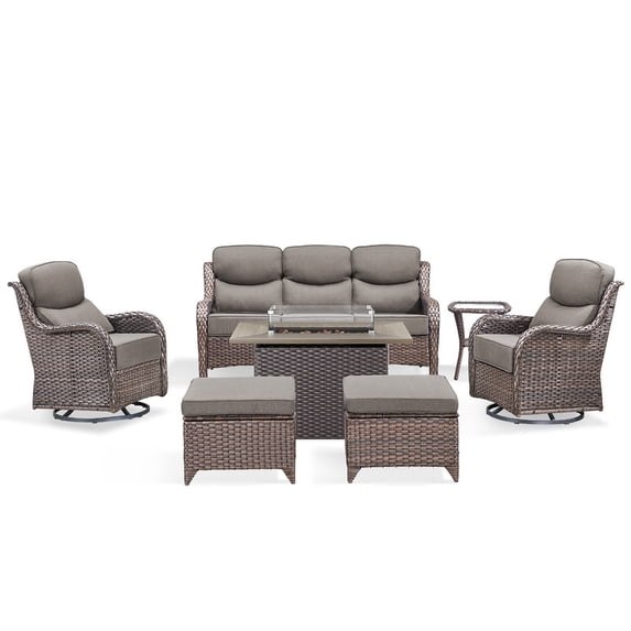 PARKWELL 7 Pieces Outdoor Patio High Back Furniture Set with Fire Pit Table, Luxury 6" Thick Conversation Set with Swivel Glider Chairs,Wicker Seating Set for Deck, Backyard,Brown/Gray