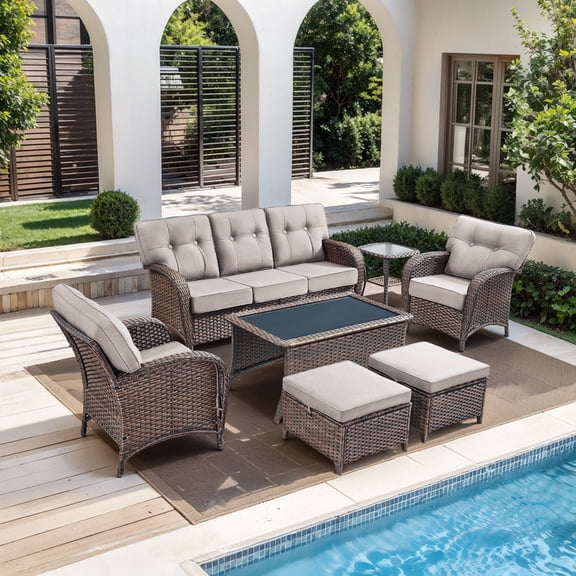 PARKWELL 7 Pieces Patio Furniture Set, Outdoor 7-Seat All-Weather Wicker Conversation Sofa Set with Single Chairs, Coffee Table, Ottoman and 5-inch Thick Deep Cushions for Porch Deck, Brown/Beige