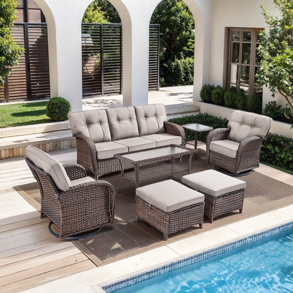 PARKWELL 7 Pieces Patio Furniture Set with Swivel Chairs, 7-Seat Wicker Conversation Set with Rattan Rocking Chair, Ottoman, Coffee Table and 5" Thick Cushion for Porch Deck, Brown/Beige