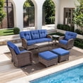 thumbnail image 1 of PARKWELL 7 Pieces Patio Furniture Set with Swivel Chairs, 7-Seat Wicker Conversation Set with Rattan Rocking Chair, Ottoman, Coffee Table and 5" Thick Cushion for Porch Deck, Brown/Navy, 1 of 11