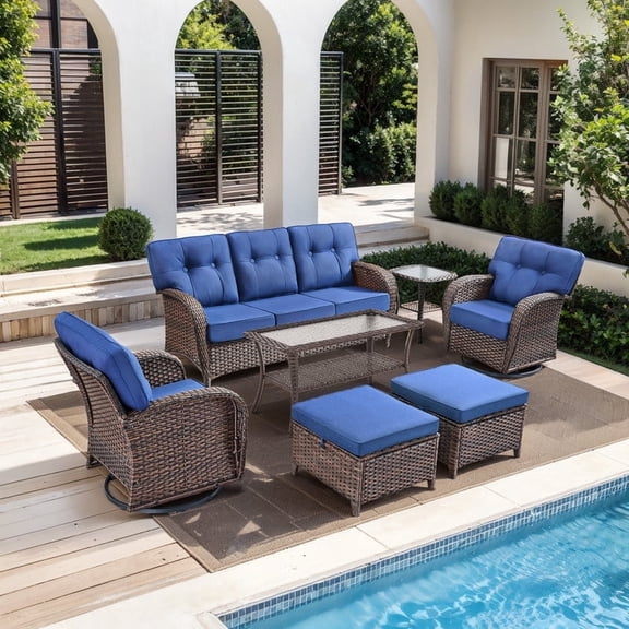 PARKWELL 7 Pieces Patio Furniture Set with Swivel Chairs, 7-Seat Wicker Conversation Set with Rattan Rocking Chair, Ottoman, Coffee Table and 5" Thick Cushion for Porch Deck, Brown/Navy